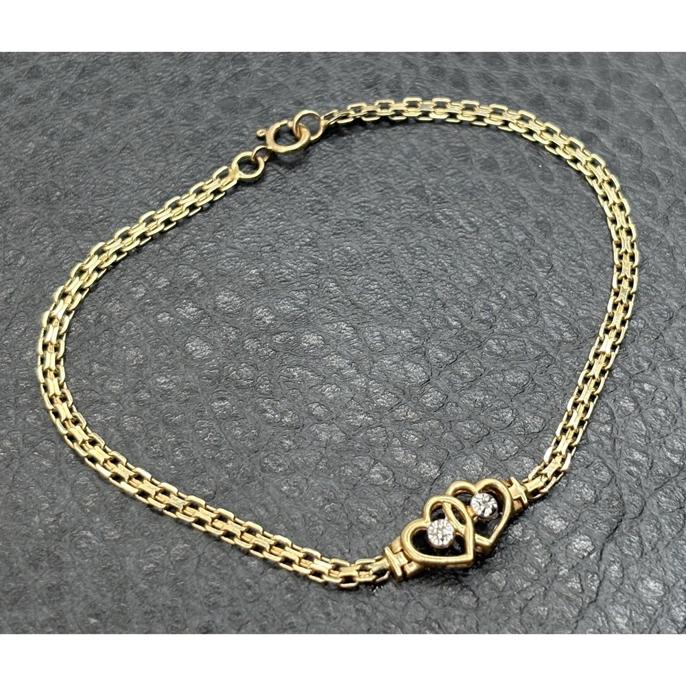 VTG 14k Yellow Gold Diamond Two Heart Mesh Chain Link Bracelet JGL Maker 7" 2.5g